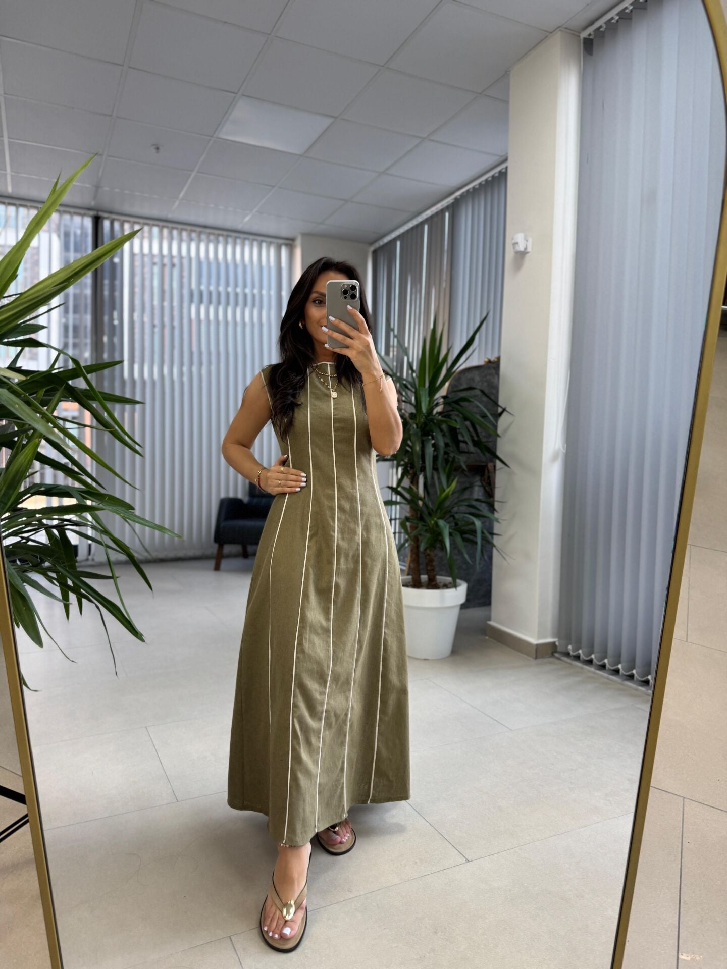 Fw 0402 Marka Model Haki-Beyaz Biyeli Keten Elbise