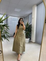 Fw O402 Marka Model Haki-Beyaz Biyeli Keten Elbise