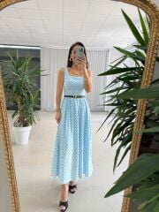 My 3941 Puantiyeli Bebe Mavi Tensel Midi Elbise