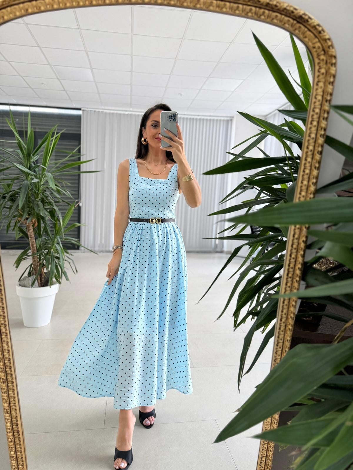 My 3941 Puantiyeli Bebe Mavi Tensel Midi Elbise