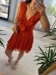 Mc 5842 Volanlı Kolsuz Kiremit Şifon Elbise