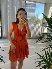 Mc 5842 Volanlı Kolsuz Kiremit Şifon Elbise