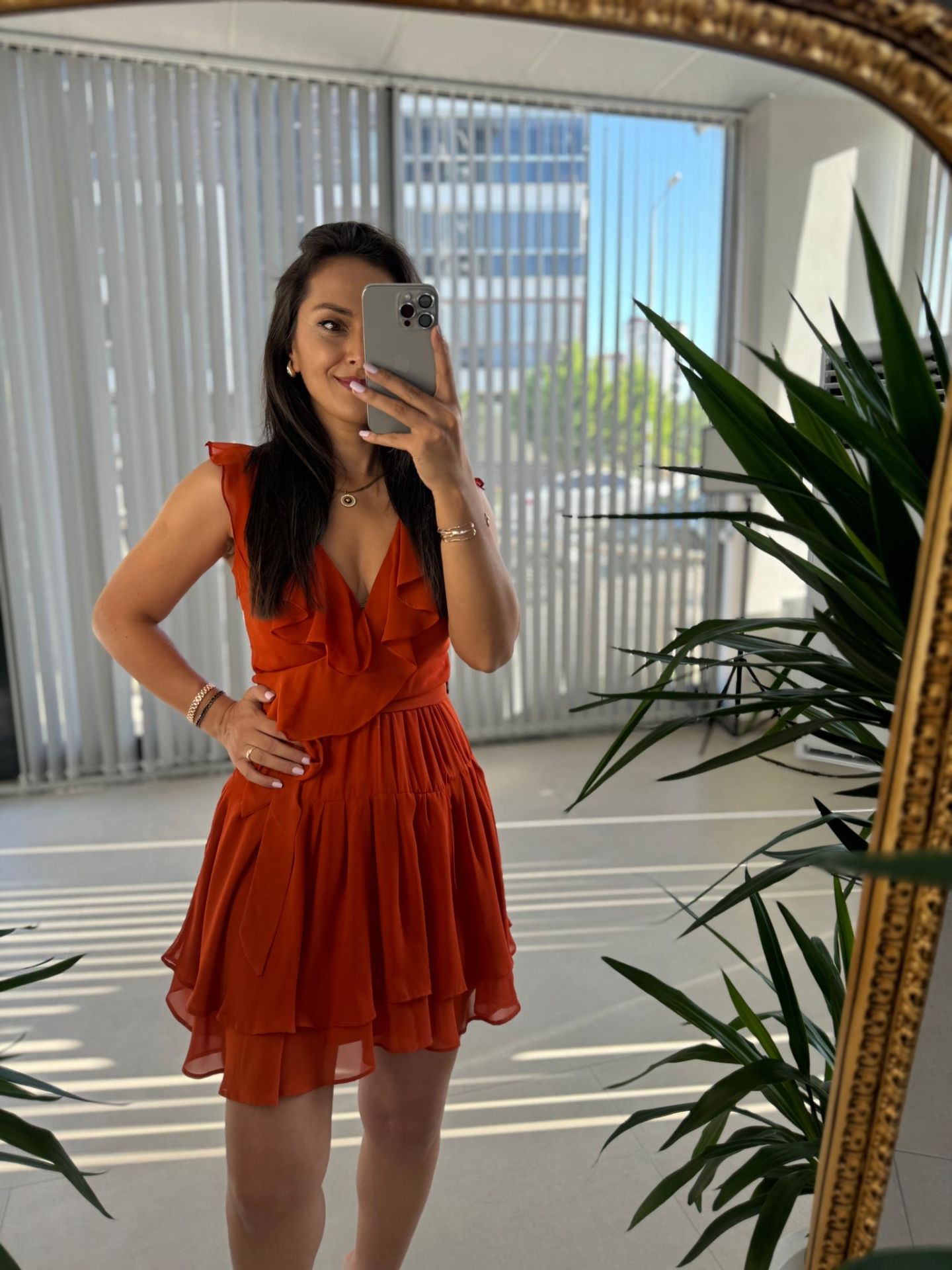 Mc 5842 Volanlı Kolsuz Kiremit Şifon Elbise