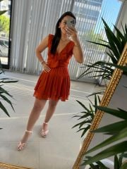 Mc 5842 Volanlı Kolsuz Kiremit Şifon Elbise