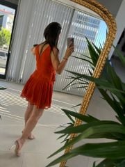 Mc 5842 Volanlı Kolsuz Kiremit Şifon Elbise