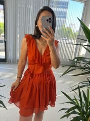 Mc 5842 Volanlı Kolsuz Kiremit Şifon Elbise