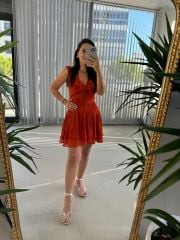 Mc 5842 Volanlı Kolsuz Kiremit Şifon Elbise