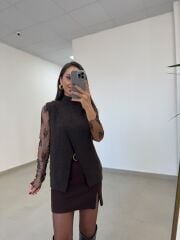Po 2825 Asimetrik Kesim Triko Süveter & Dantel Bluz İkili Takım