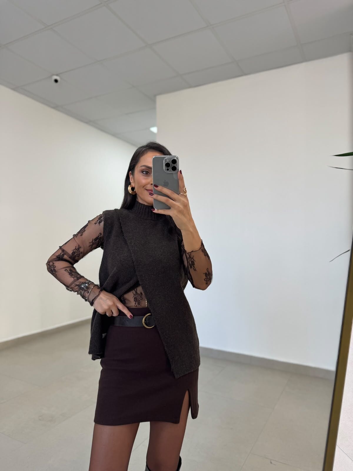 Po 2825 Asimetrik Kesim Triko Süveter & Dantel Bluz İkili Kahve Takım