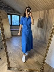 Mavi Yan drapeli poplin gömlek elb