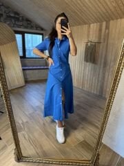 Mavi Yan drapeli poplin gömlek elb