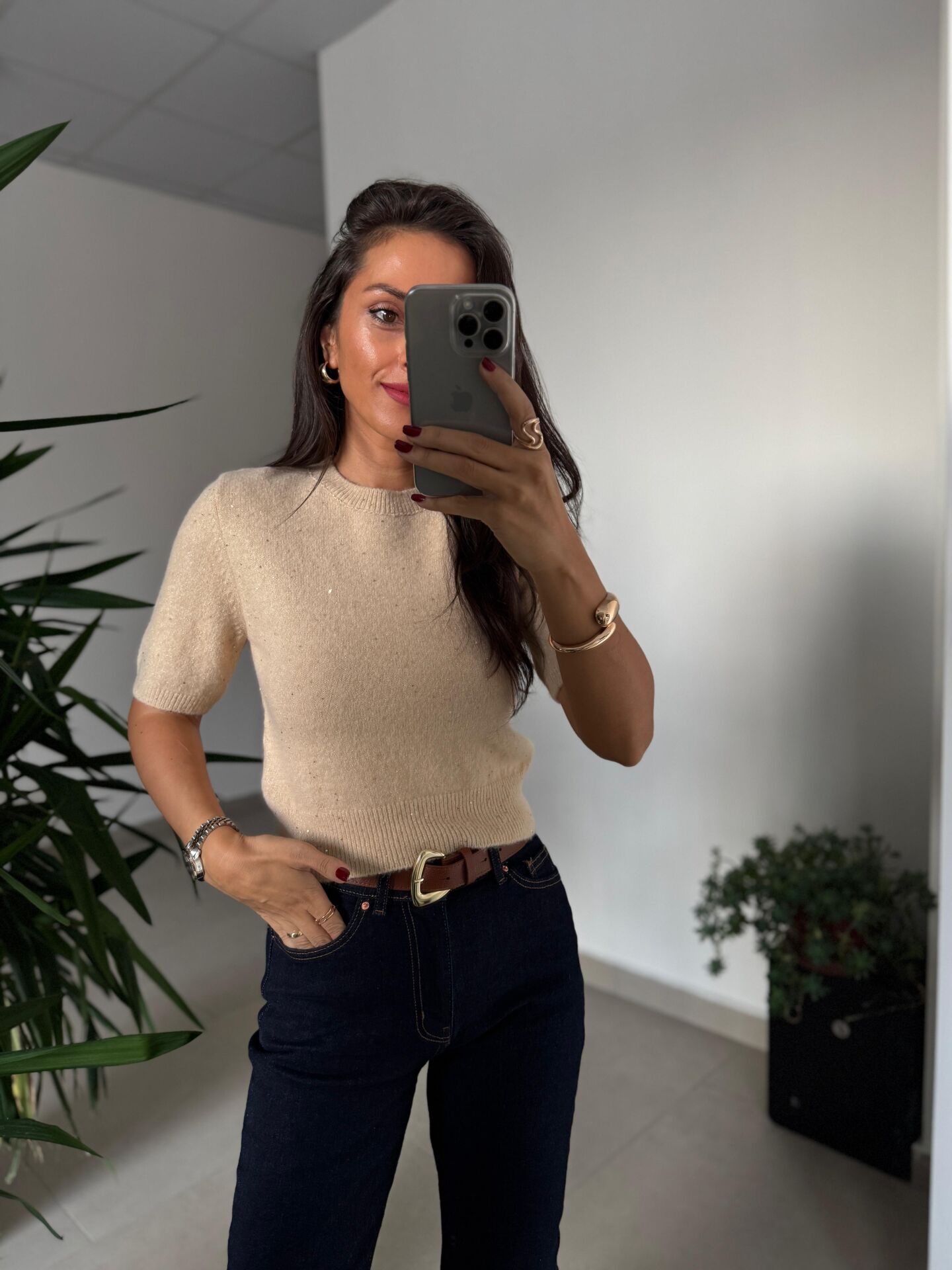 Dv 10703 Yumoş Pul Detaylı Kısa Kollu Vizon Kazak