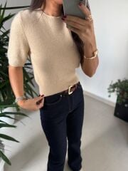 Dv 10703 Yumoş Pul Detaylı Kısa Kollu Vizon Kazak