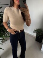 Dv 10703 Yumoş Pul Detaylı Kısa Kollu Vizon Kazak