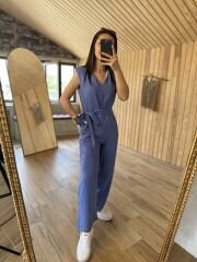 Vatkalı kolsuz mavi tulum