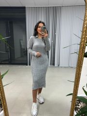 Polo Yaka Çift Yırtmaçlı Triko Gri Elbise