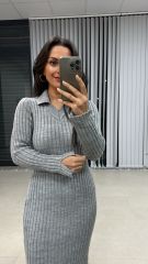Polo Yaka Çift Yırtmaçlı Triko Gri Elbise