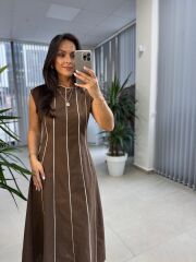 Fw O402 Marka Model Kahve-Beyaz Biyeli Keten Elbise