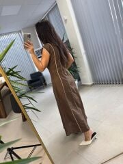 Fw O402 Marka Model Kahve-Beyaz Biyeli Keten Elbise