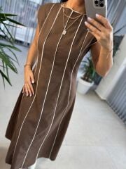 Fw 0402 Marka Model Kahve-Beyaz Biyeli Keten Elbise