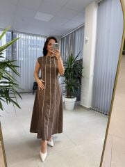 Fw 0402 Marka Model Kahve-Beyaz Biyeli Keten Elbise