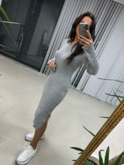 Polo Yaka Çift Yırtmaçlı Triko Gri Elbise