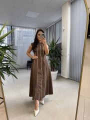 Fw O402 Marka Model Kahve-Beyaz Biyeli Keten Elbise