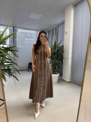 Fw O402 Marka Model Kahve-Beyaz Biyeli Keten Elbise