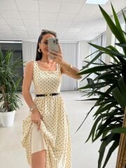 My 3941 Puantiyeli Krem Tensel Midi Elbise