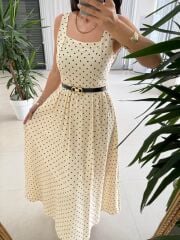 My 3941 Puantiyeli Krem Tensel Midi Elbise