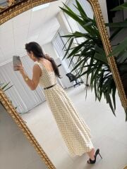 My 3941 Puantiyeli Krem Tensel Midi Elbise