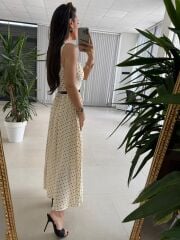 My 3941 Puantiyeli Krem Tensel Midi Elbise