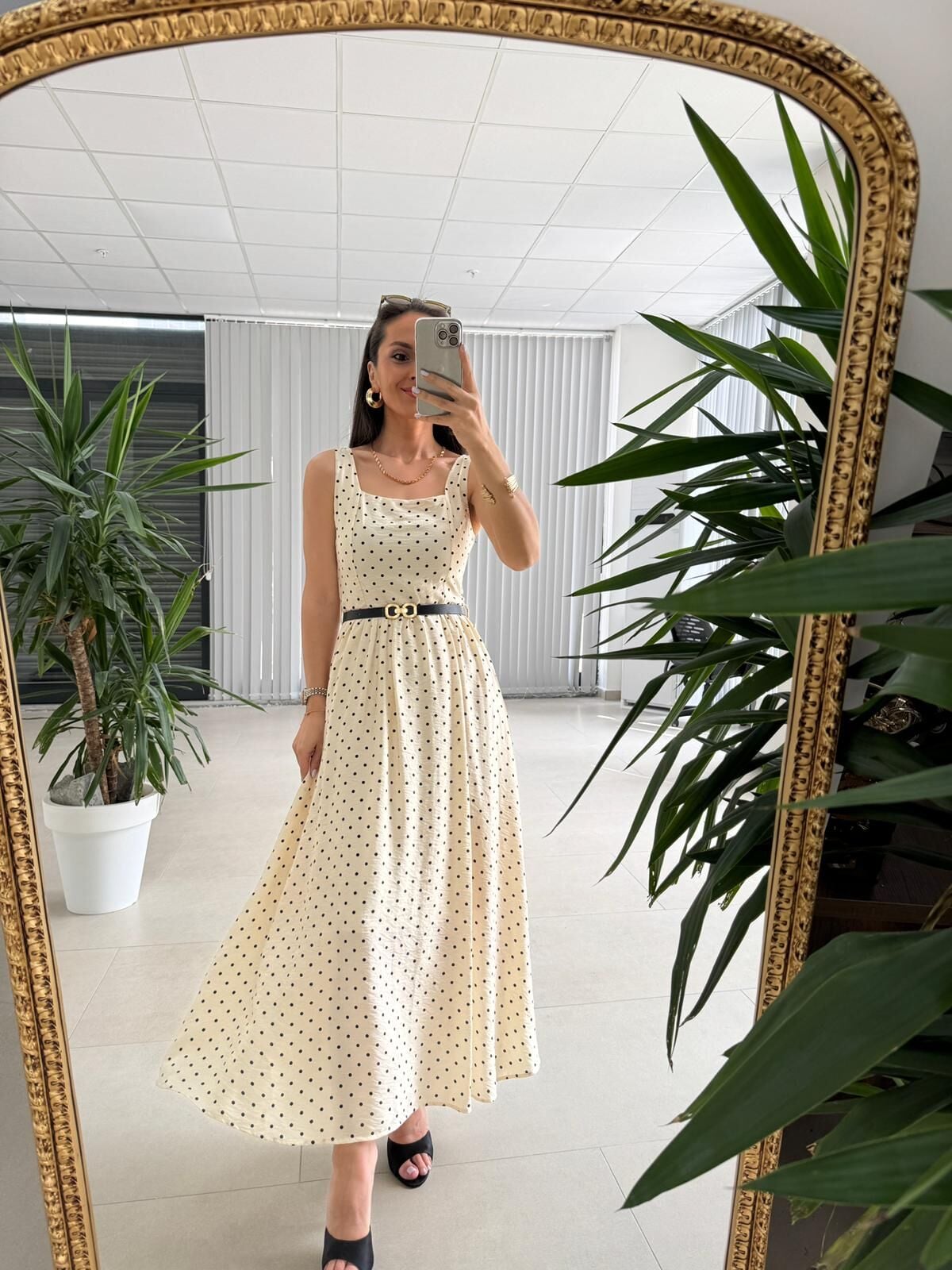 My 3941 Puantiyeli Krem Tensel Midi Elbise