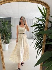 My 3941 Puantiyeli Krem Tensel Midi Elbise