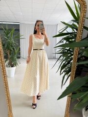 My 3941 Puantiyeli Krem Tensel Midi Elbise
