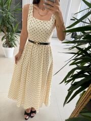 My 3941 Puantiyeli Krem Tensel Midi Elbise