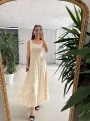 My 3941 Puantiyeli Krem Tensel Midi Elbise