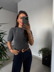 Dv 10703 Yumoş Pul Detaylı Kısa Kollu Gri Kazak