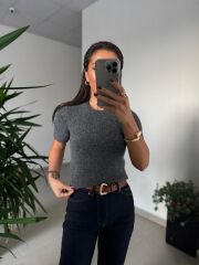 Dv 10703 Yumoş Pul Detaylı Kısa Kollu Gri Kazak