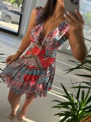 Mc 5842 Flounce Sleeveless Turquoise Ethnic Chiffon Dress