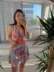 Mc 5842 Flounce Sleeveless Turquoise Ethnic Chiffon Dress