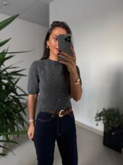 Dv 10703 Yumoş Pul Detaylı Kısa Kollu Gri Kazak