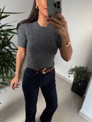 Dv 10703 Yumoş Pul Detaylı Kısa Kollu Gri Kazak