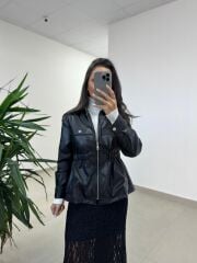 Ms 5261 Bel Lastikli Siyah Deri Ceket