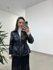 Ms 5261 Bel Lastikli Siyah Deri Ceket