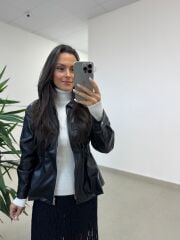 Ms 5261 Bel Lastikli Siyah Deri Ceket