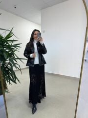 Ms 5261 Bel Lastikli Siyah Deri Ceket