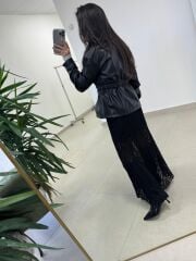 Ms 5261 Bel Lastikli Siyah Deri Ceket