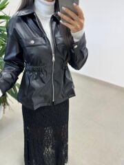Ms 5261 Bel Lastikli Siyah Deri Ceket