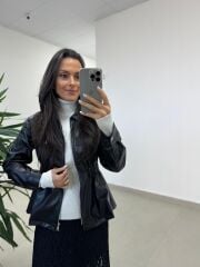 Ms 5261 Bel Lastikli Siyah Deri Ceket